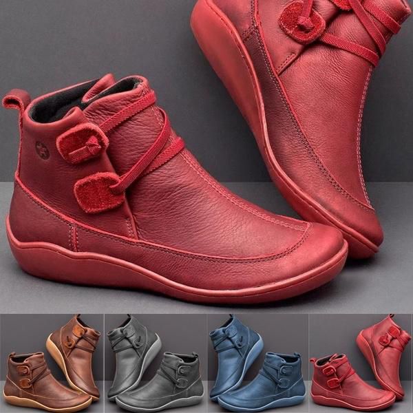 Boots Ladies Fashion Uniform Boots Flat Boots Retro Style Solid Color Short Boots Leather Boots Round Head Rubber Boots European and American Style