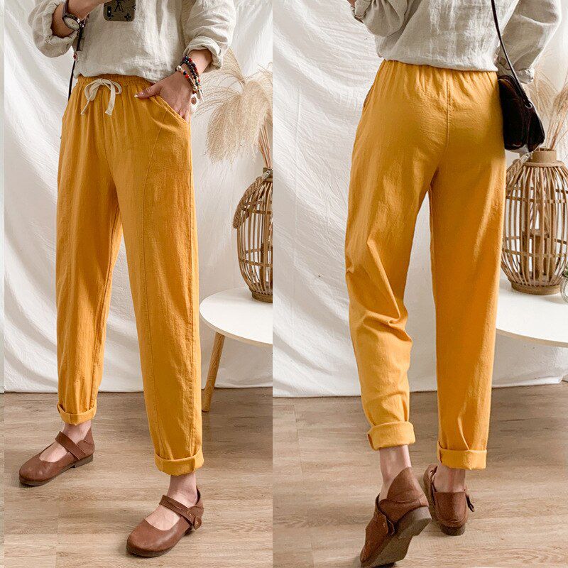 Womens cotton pants Spring Summer Casual Cotton Linen Solid Elastic waist Harem long Trousers Female outwear pants plus size