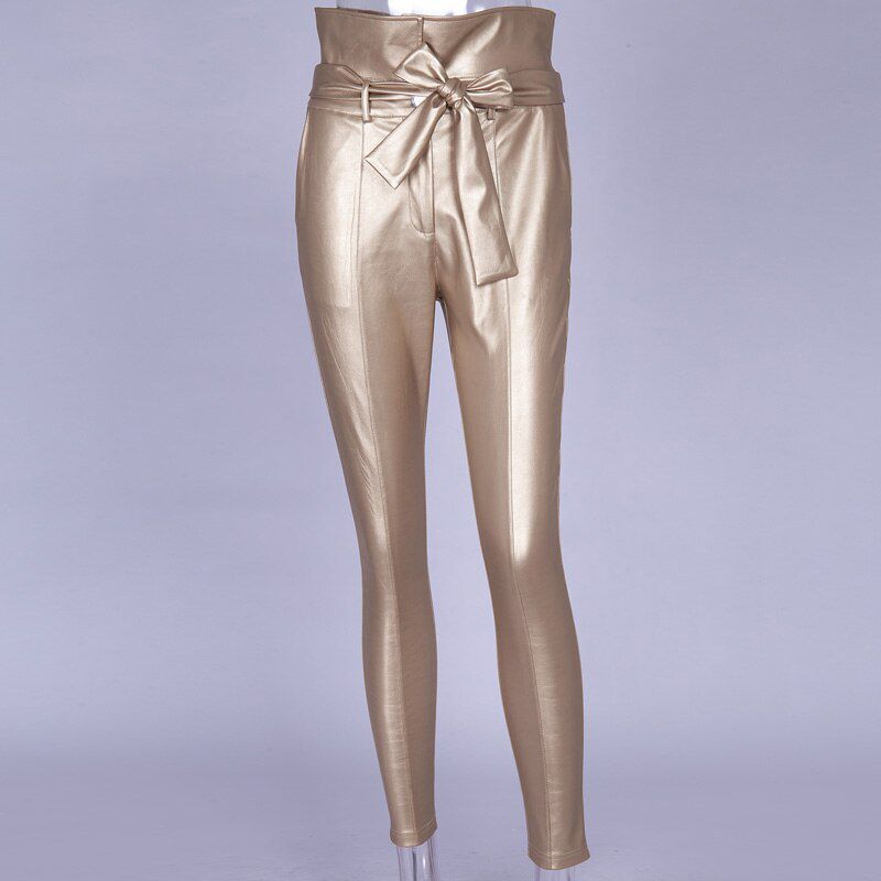 Gold Black Belt High Waist Pencil Pant Women Faux Leather PU Sashes Long Trousers Casual Exclusive Design Fashion