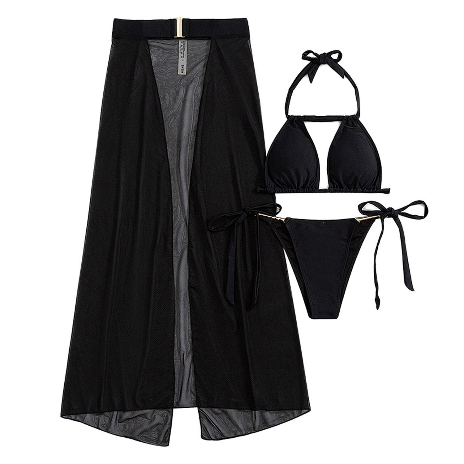Women's 3 Pcs Swimsuits Set, Solid Color Bathing Suit, Halter Bikini Bra Sides Tie-up Thong with Open Front Cover-up Skirt