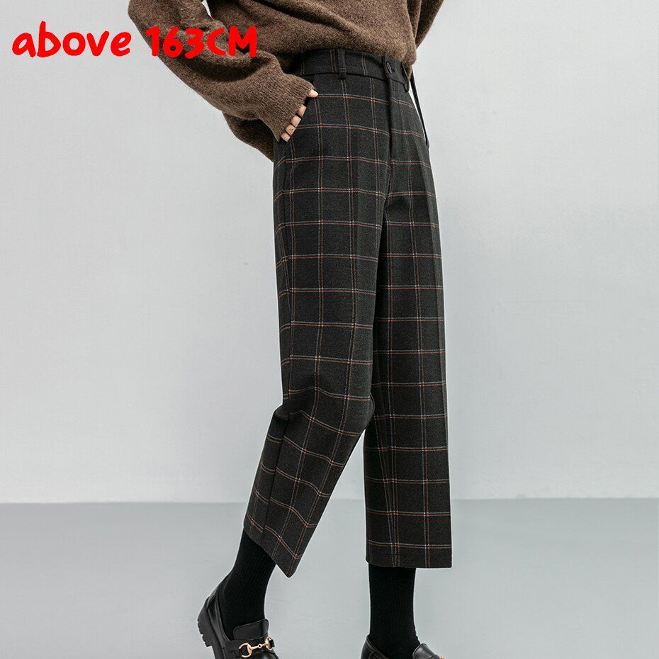 Chic Woolen Plaid Autumn Winter Women's High Waist Formal Straight Pants Loose Ankle-Length Pants Female Boots Pants Plus Size