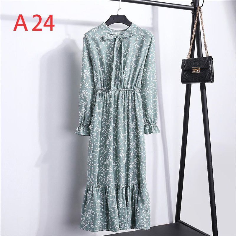 2021 Women Casual Autumn Dress Korean Style Vintage Floral Printed Chiffon Shirt Dress Long Sleeve Midi Summer Dress Vestido