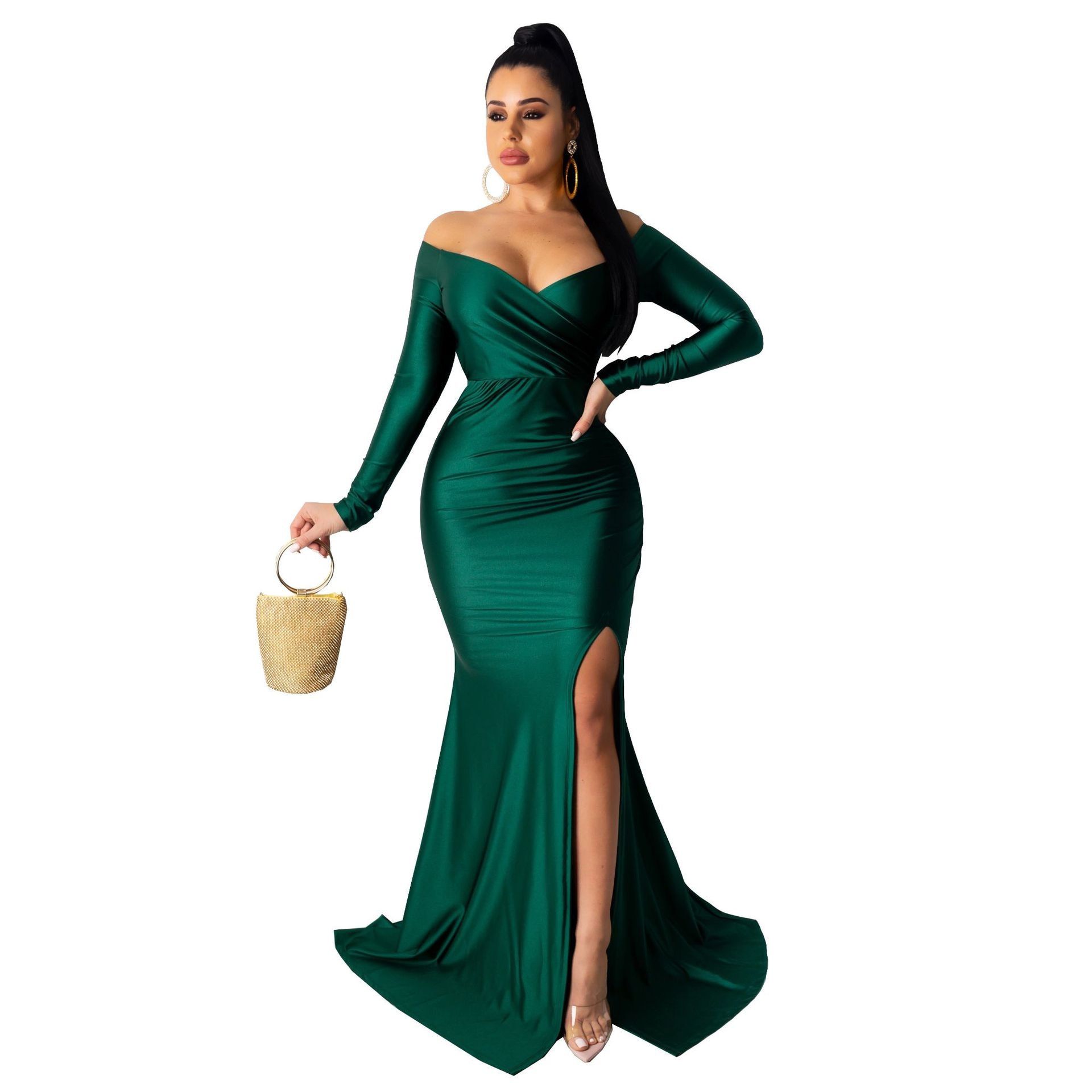 CM.YAYA Autumn Winter Women Off Shoulder Pg V-neck High Side Split Mermaid Maxi Dress  Night Party Club Long Dresses