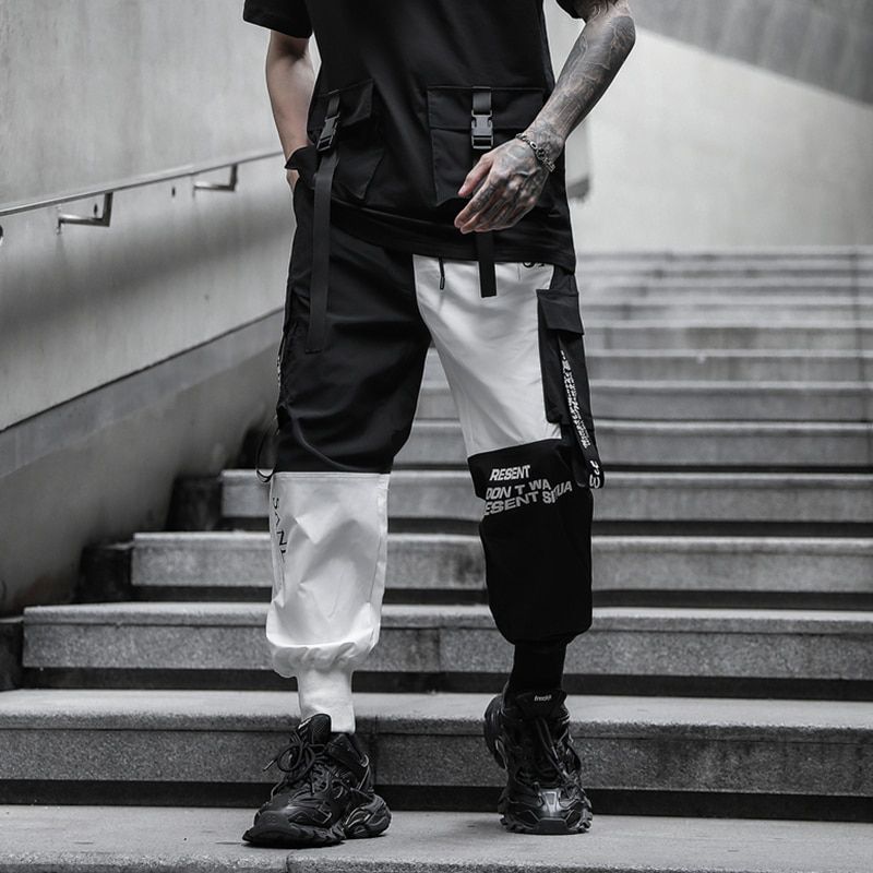 Streetwear Men Ribbons Block Black Pocket Cargo Pants Harem Joggers Harajuku Sweatpant Hip Hop Trousers Men