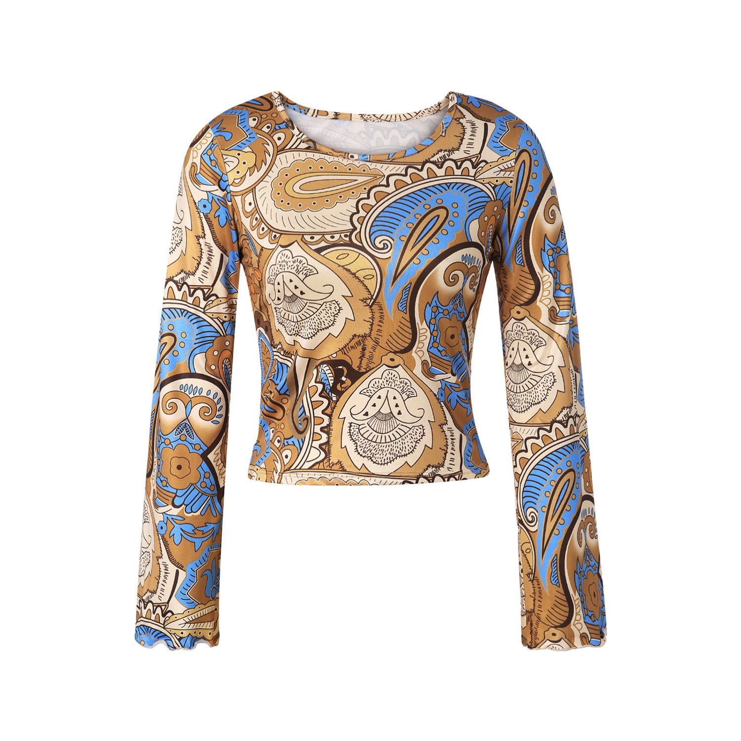 Women's Round Neck Tops, Vintage Print Long Sleeve Lettuce Trim Slim Fit T-Shirts