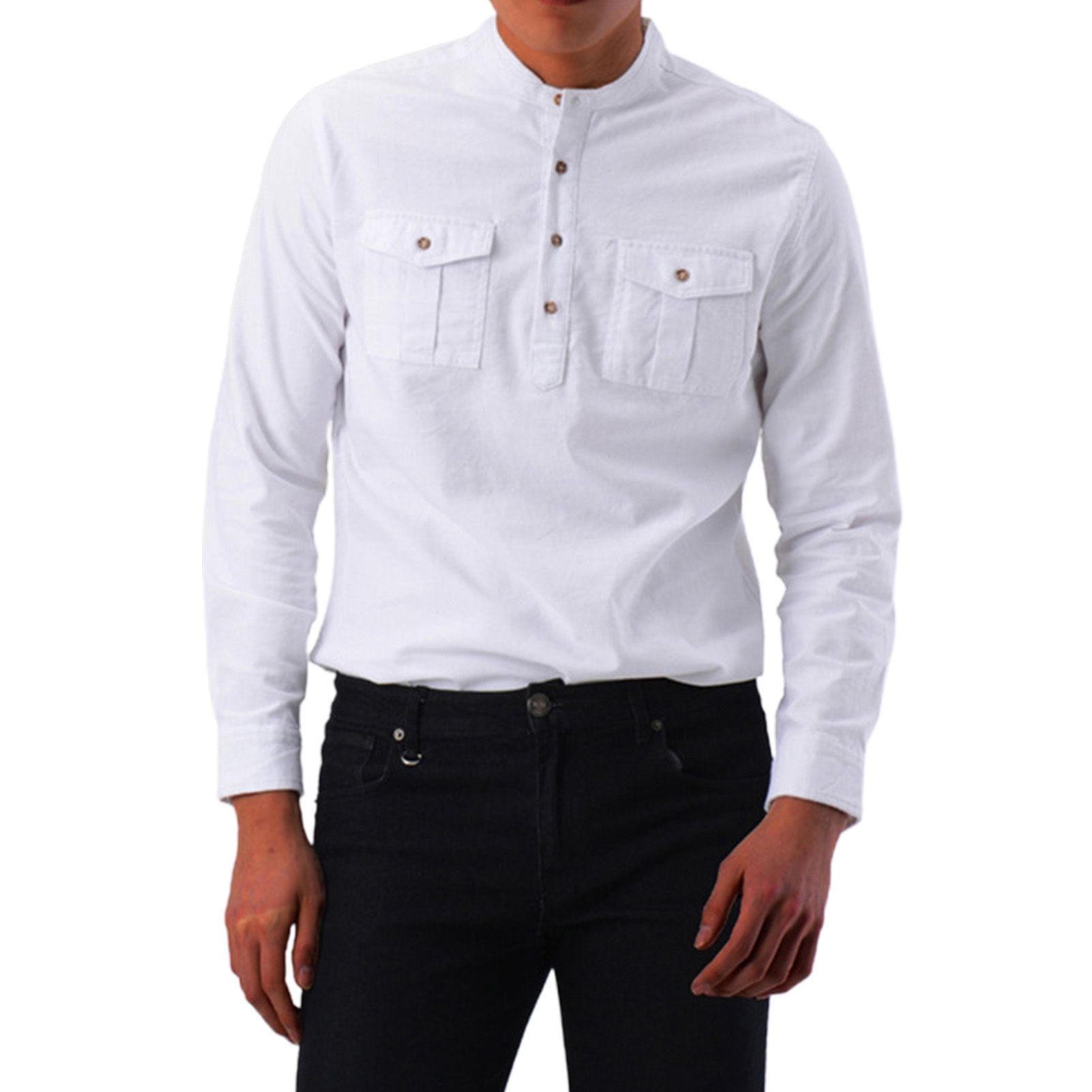 Long Sleeve Business Shirt Stand Collar Men Two Pockets Buttons Dress Shirt Pullover Top