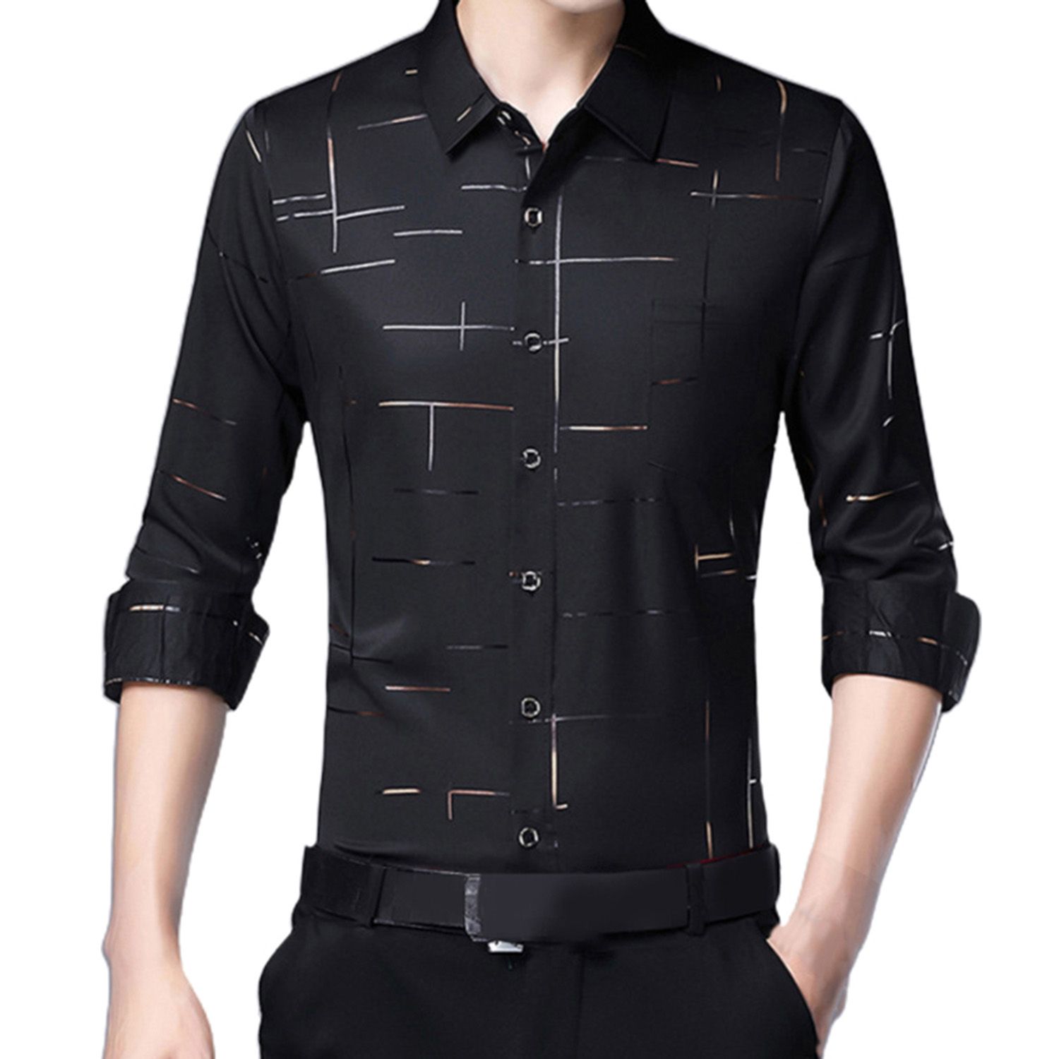 Men Dress Shirt Irregular Stripes Satin Surface Casual Single-breasted Turndown Collar Long Sleeve Shirt for Business