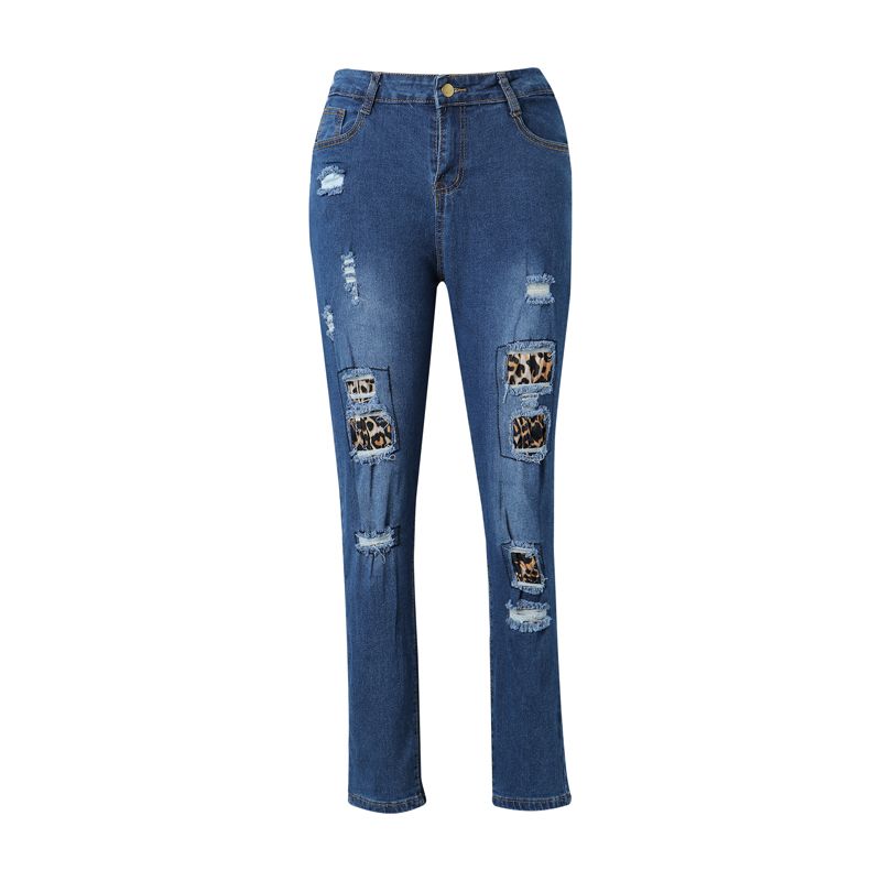 Women Skinny Ripped Jeans, Mid Waist Slim Fit Leopard Patchwork Distressed Denim Pants