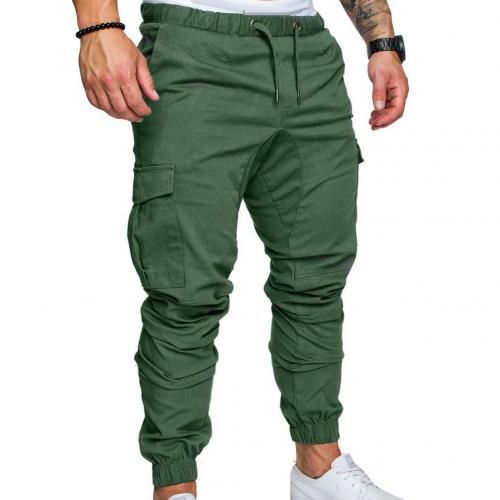 Men Casual Solid Color Pockets Waist Drawstring Ankle Tied Skinny Cargo Pants