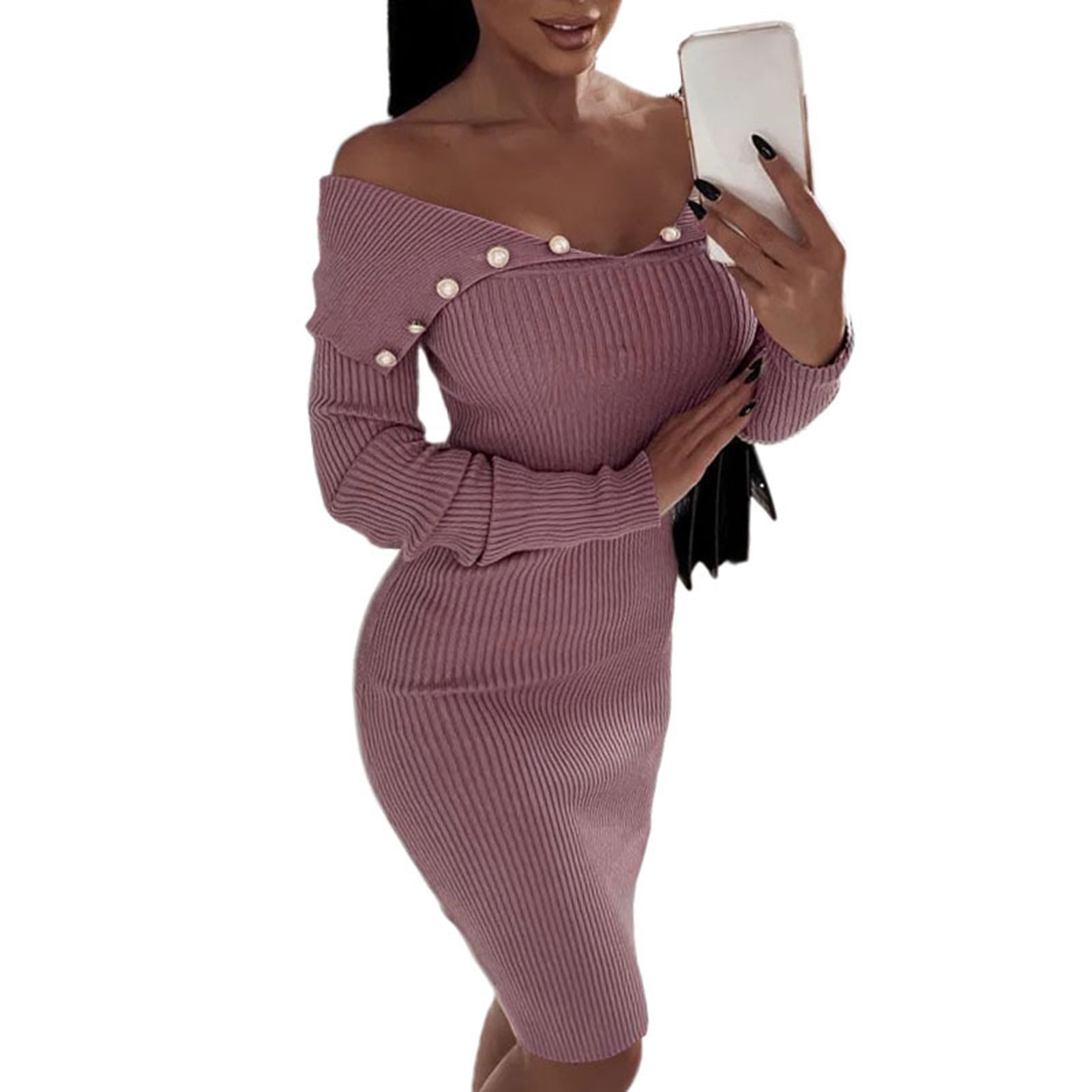 Women Dress Off Shoulder Slim Fit Autumn Winter Knit Dress