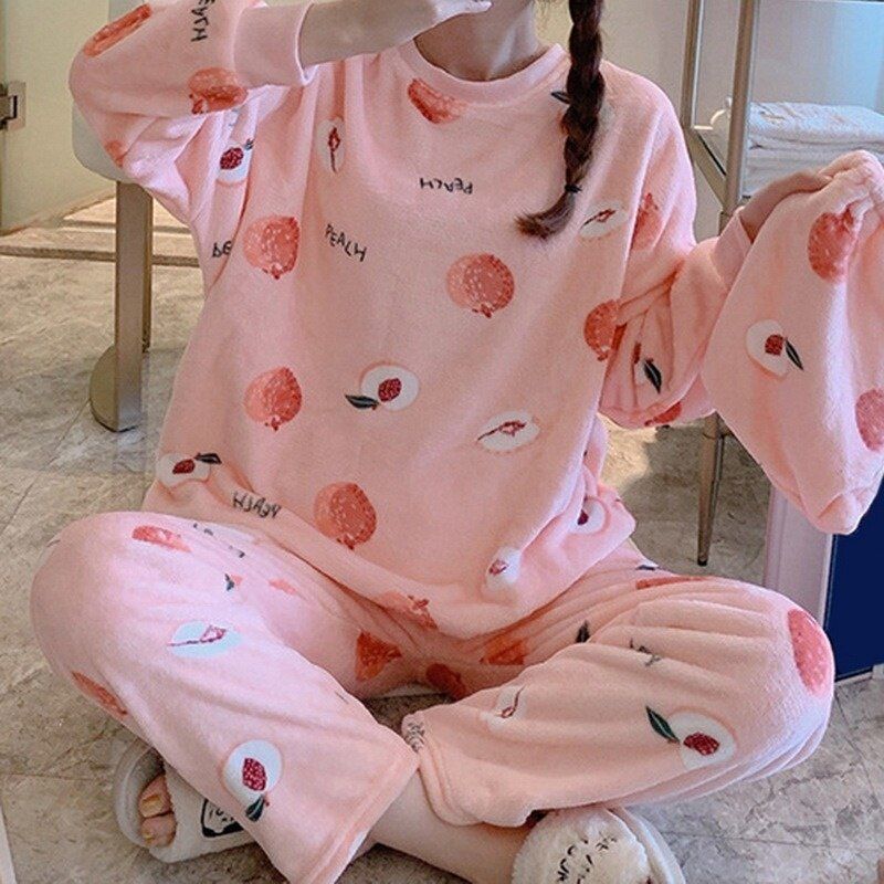 Women Print Warm Flannel Women Pyjamas Sets Thin Coral Velvet Long Sleeve Sleepwear Pajamas Set Fall Winterir