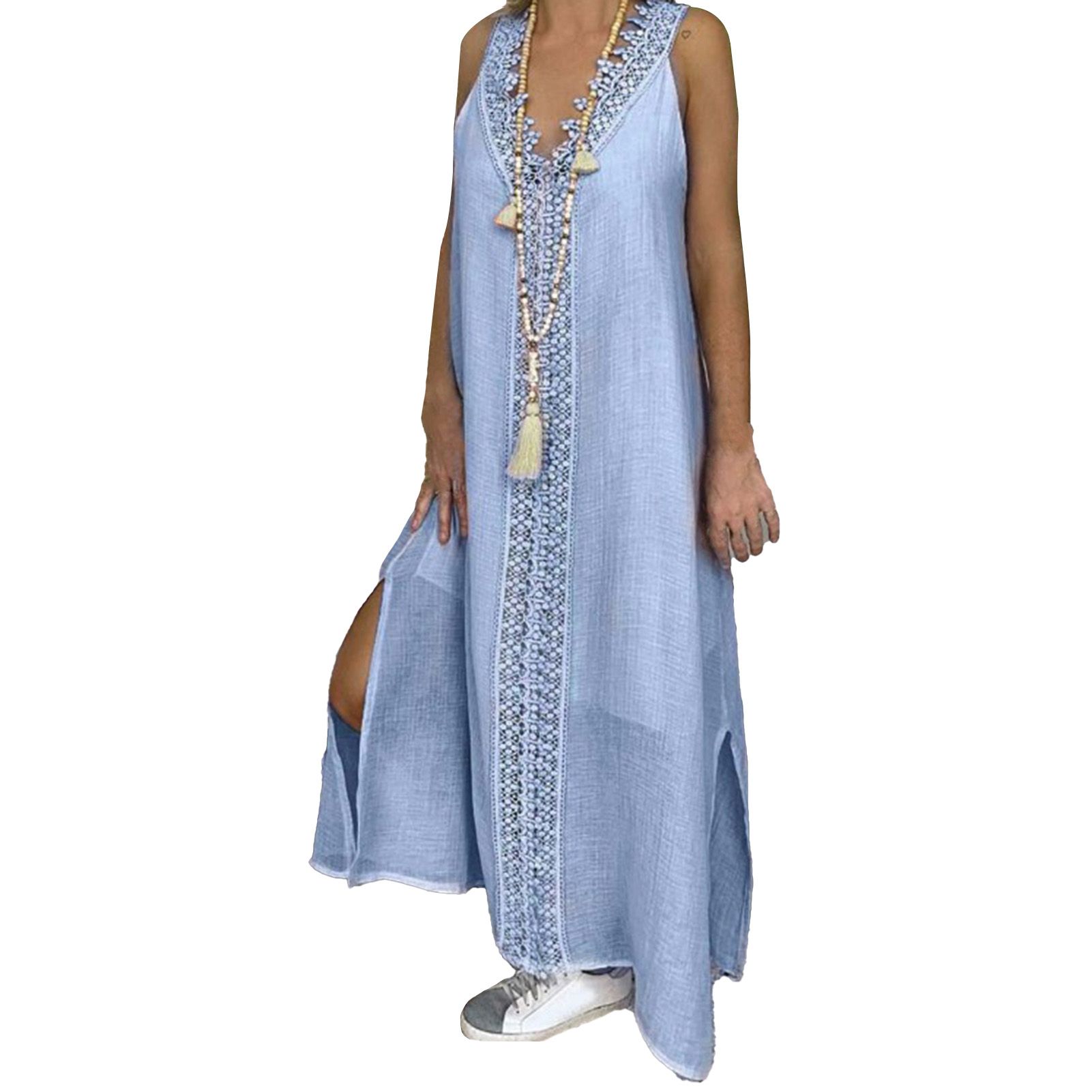 Women Dress Lace V Neck Summer Patchwork Sleeveless Split Dress for Beach