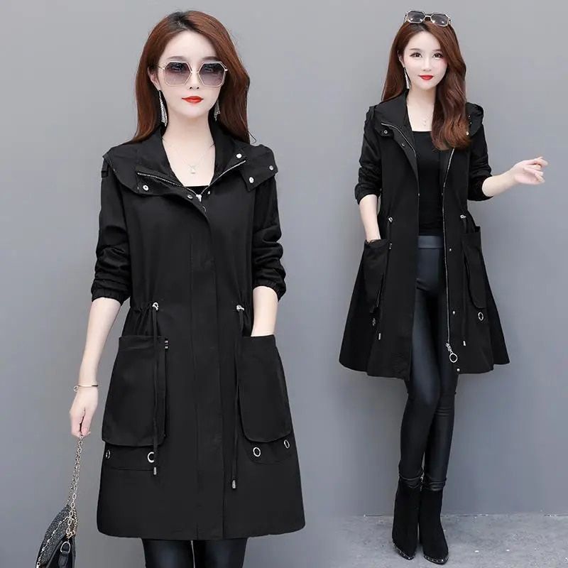 Hooded Trench Coat Women Spring Long Outerwear Casual Tops female Cotton Windbreaker Windproof Coats Plus Size