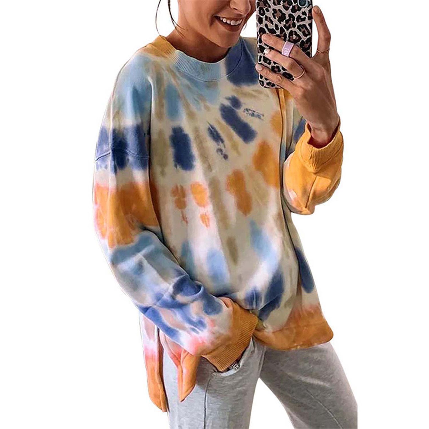 2021 Women Die Dye Print Pullover, Long Sleeve Round Neck Split Hem Top Casual Style Clothes