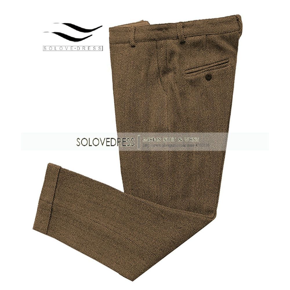 Men's Pants Wool Slim Fit Herringbone Pattern Trousers Casual T Suits Pants With  Expandable Waist For Wedding Party,