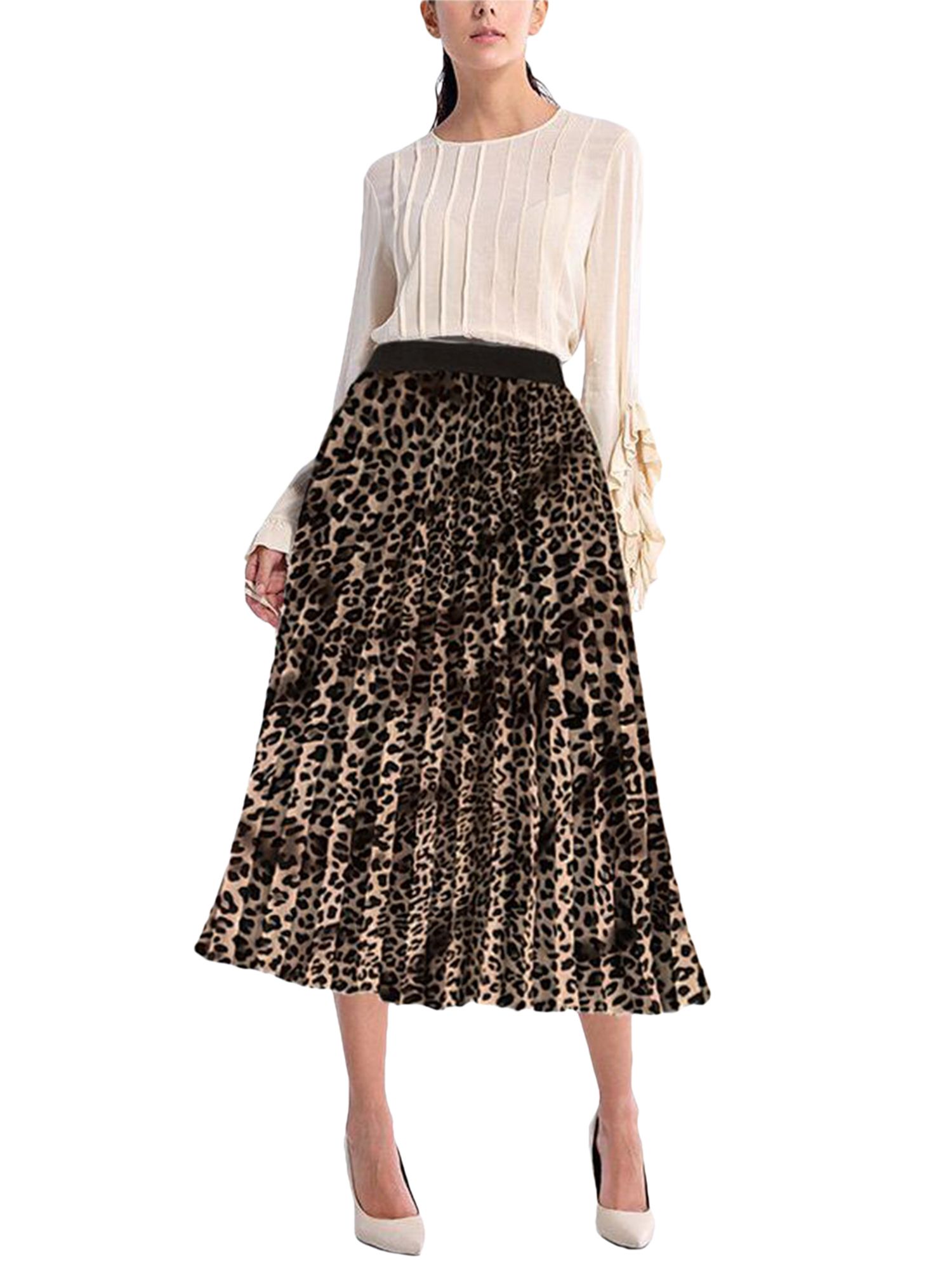 Female Skirt, Solid Color/ Floral Print High Elastic Waist Pleated Skirt for Adults Women, S/M/L/XL/XXL