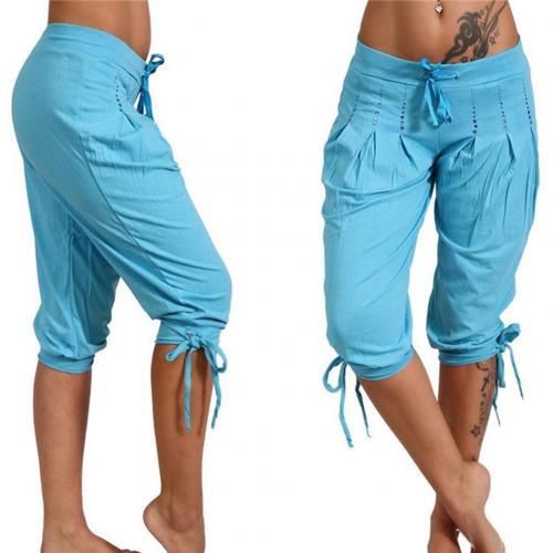 Plus Size Casual Women's Solid Color Sequined Pleated Drawstring Capri Pants Capri Pants