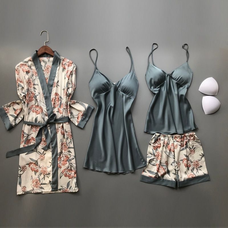 Spring Autumn Women Silk Pajamas Sets With ChPads Flower Print Pijama Sleepwear 4 Pieces Spaghetti Strap Satin Pyjamas
