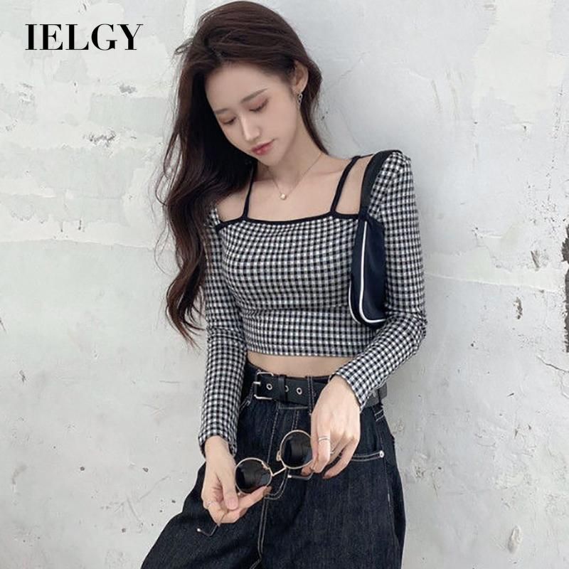 IELGY new short slim-fit plaid long-sleeved square collar Korean version of all-match bottoming shirt t-shirt top women's clothing