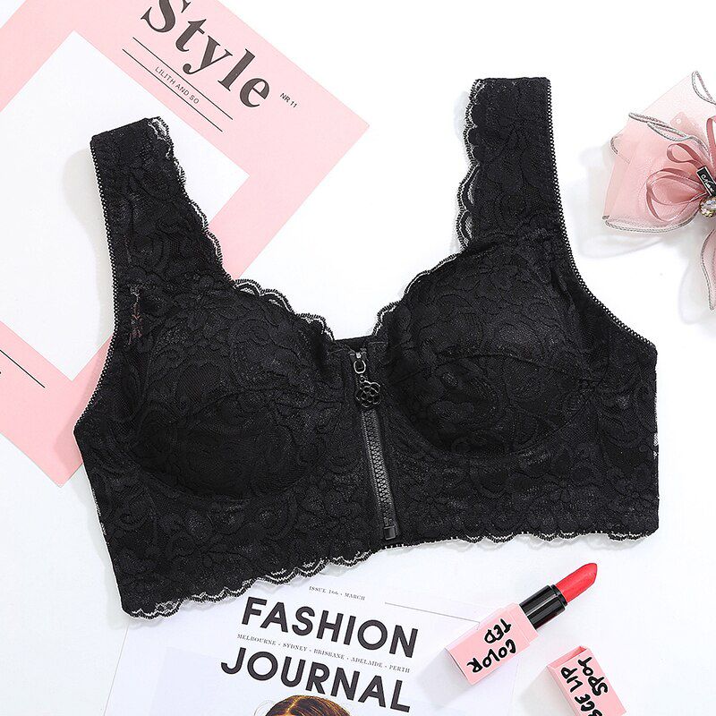 Lace Removable Pads Vest Sleep Bra Panty Cotton Push Up For Women XXXL Wire Free Comfortable Front Closure Zipper Plus Size
