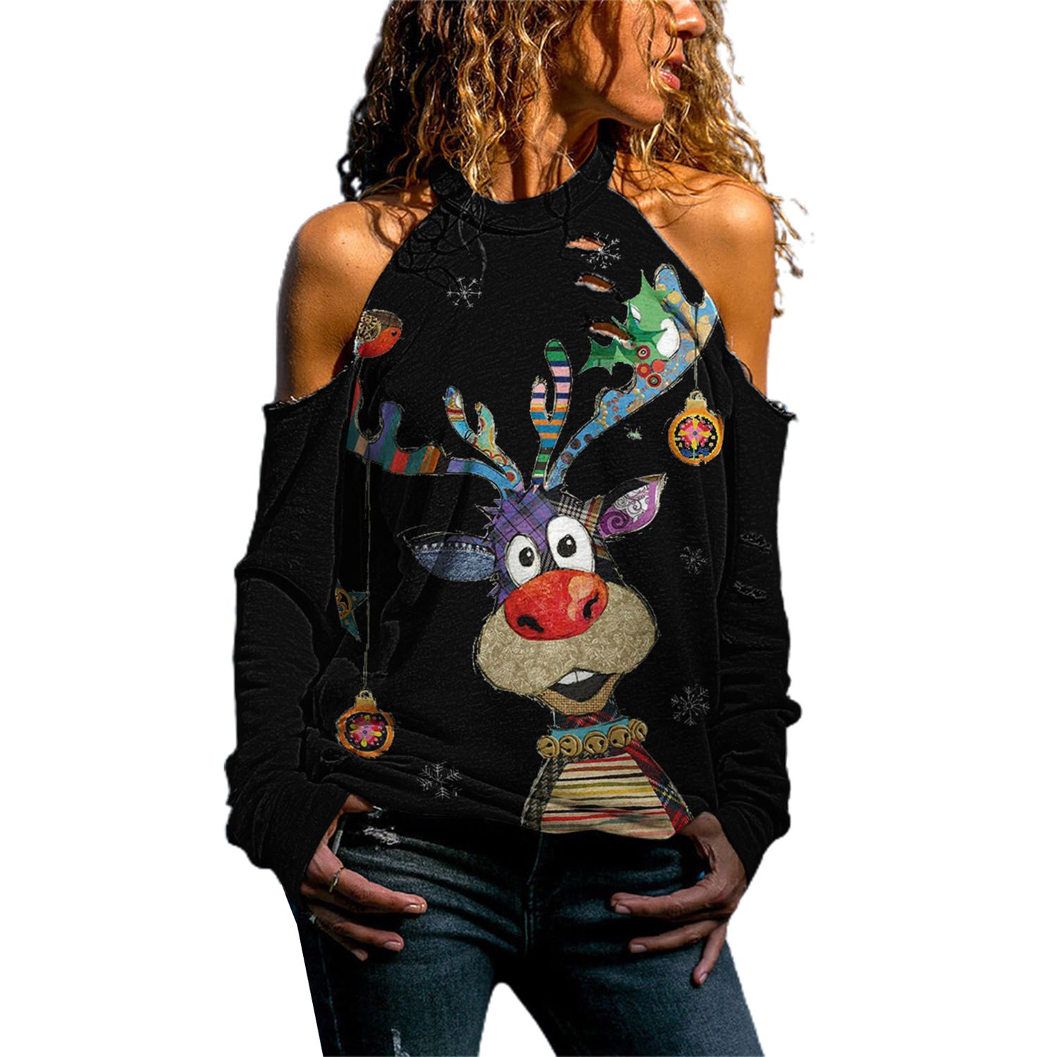 Women Blouse Hollow Out Santa Claus Print Christmas Blouse