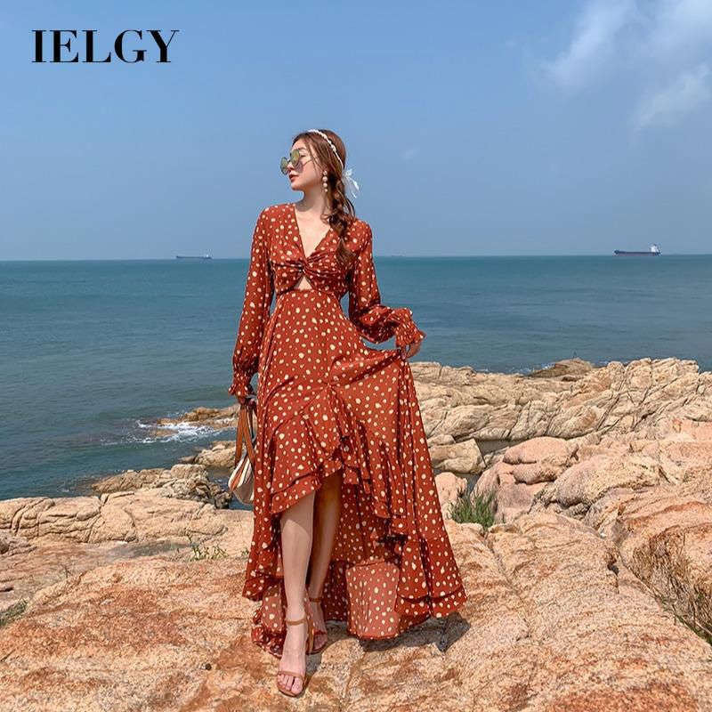 IELGY Women's clothes vacation dress fashion ethnic style v-neck beach long sleeve all-match casual