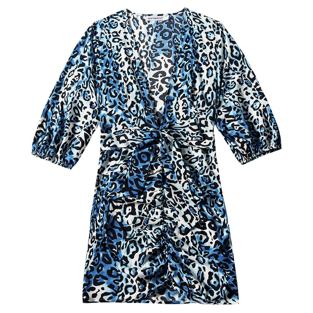 Deep V Neck Women Half Sleeve Lace Up Belt Leopard Print Bodycon Mini Dress