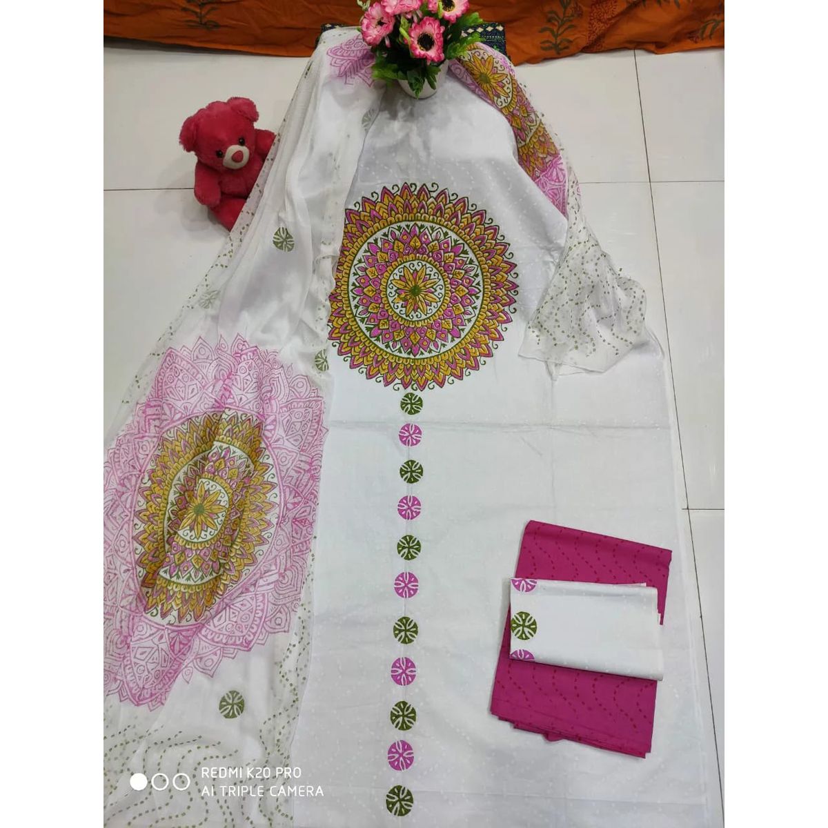 ???? ??????? ????-???-Block Print Cotton Three Piece [3 Piece] For Women