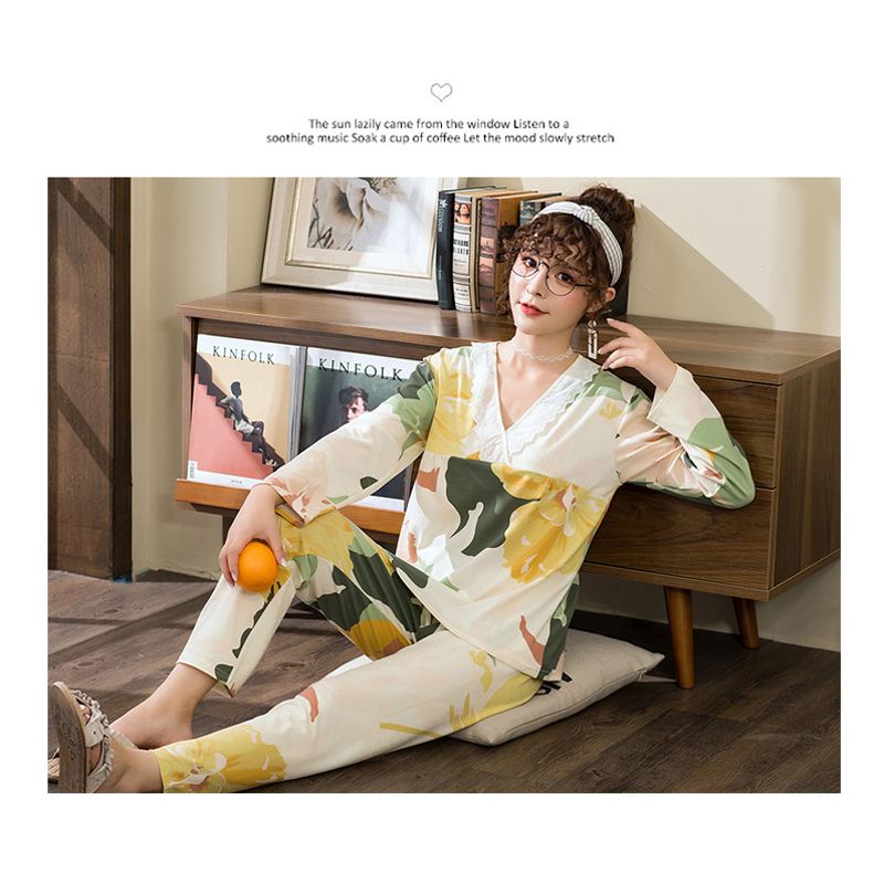 Spring Autumn Lace Pajama Suit Loose Home Dress for Women Long-Sleeved V-Neck Small Red Flower Strawberry