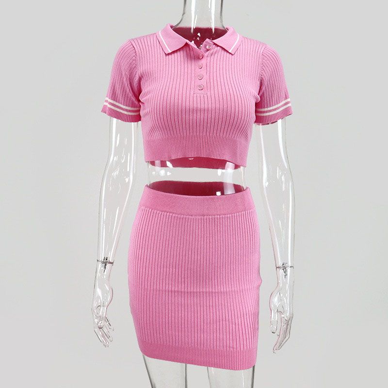 Missnight Short Sleeve Cropped Top Slim Two Piece Dress Knitted Glossy on Polo Tshirt Summer 2021 Casual Streetwear