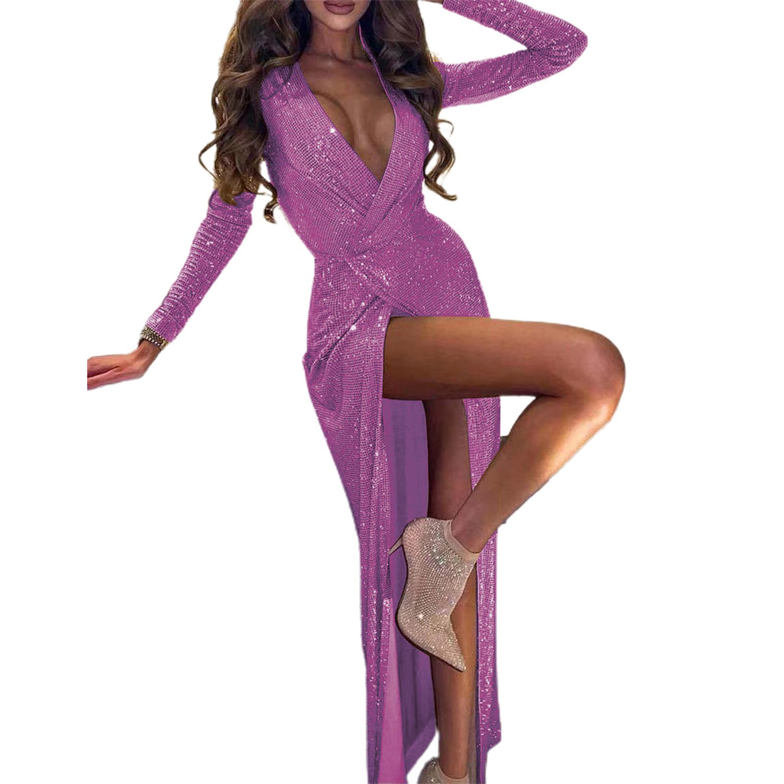 Long Dress 3D Cutting High Split Glitter Wrap Party Dress