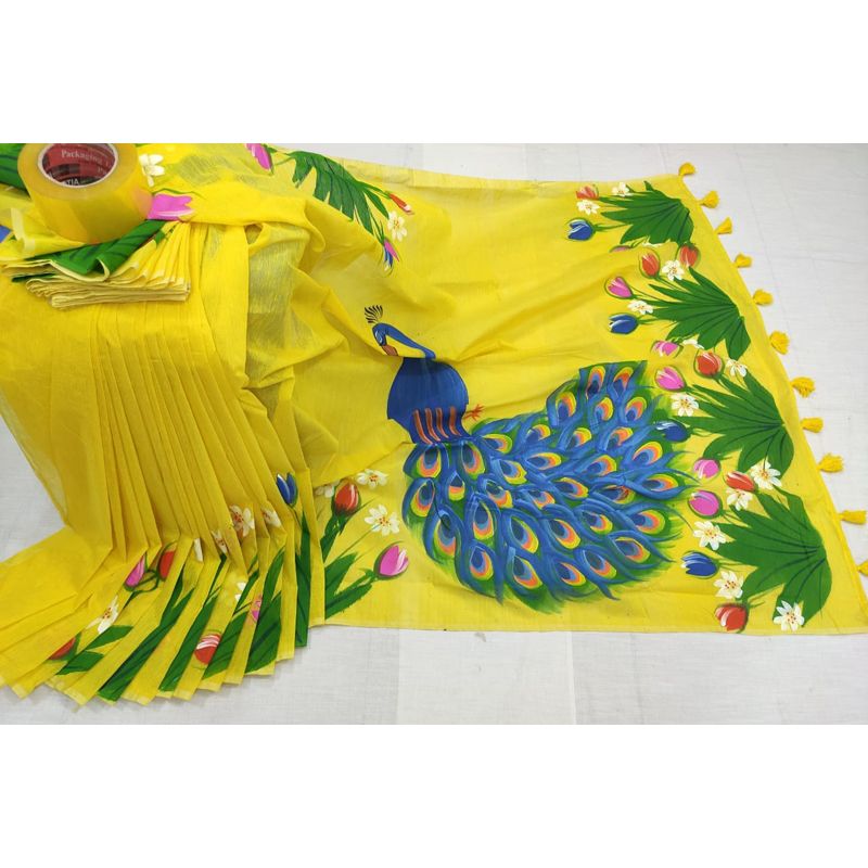 Hand Print New Excellent,Fashionable, Stylish and Comfortable, Half Silk Sharee For Women bY Bdzoon হ্যান্ড প্রিন্ট শাড়ি