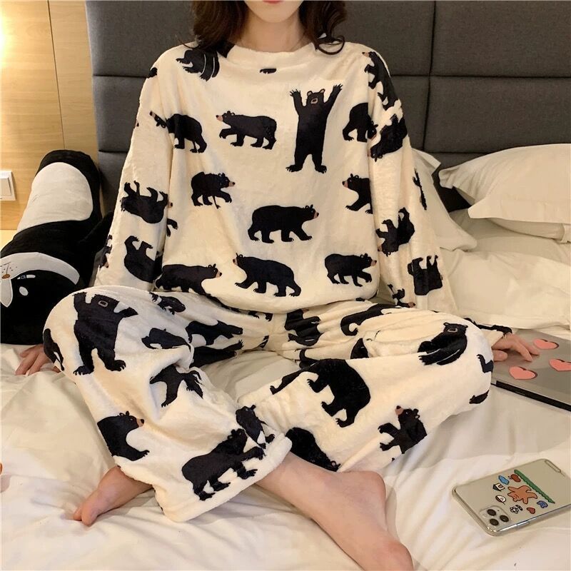 Autumn Winter Warm Flannel Women Pyjamas Sets Thick Coral Velvet Long Sleeve Cartoon Sleepwear Flannel Pajamas Set Girl Female