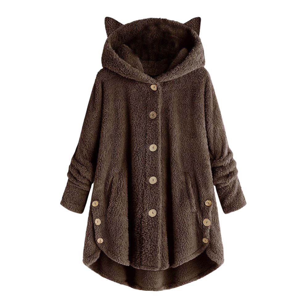 Women Winter Cats Ears Hooded Irregular Hem Buttons Jacket Fleece Coat
