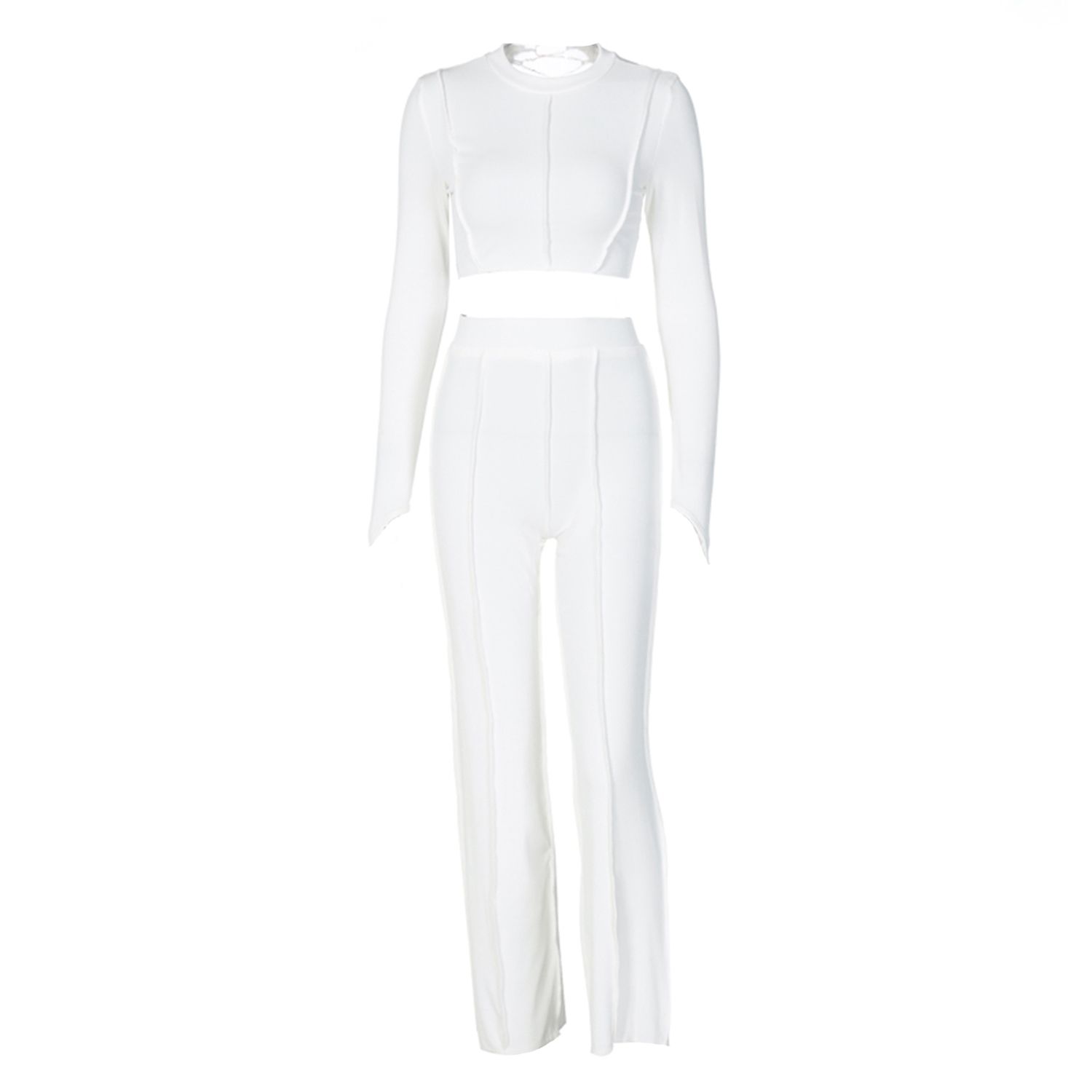 Women's Cropped Top, High-Waist Pants, Backless Metal Chain Long Sleeve Round Collar Sports Wide-Leg Trousers