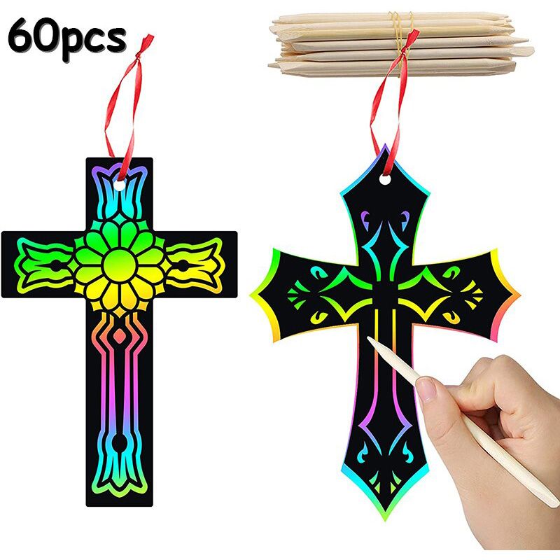 60Pcs DIY Art Craft Kits Scratch Cross Ornts Magic Colorful for Kids Party Favors Scratch Paper Hanging Tags Birthday Gifts