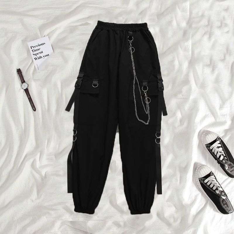Women's Cargo Pants Buckle Ribbon Pocket Jogger Elastic Waist High Streetwear Pant Chain Females Two Piece Pants