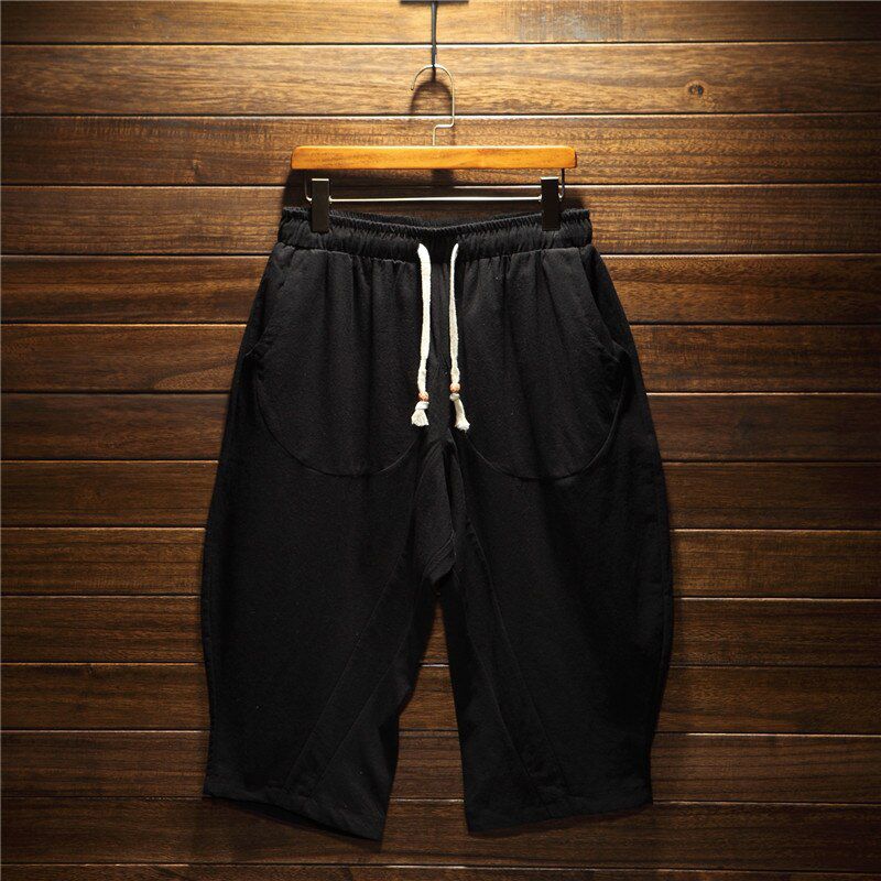Summer Men Cotton Linen Baggy Wide Leg Pants Joggers Pants Male Harajuku Vintage Sweatpants Mens Calf-Length Cross Pants Men