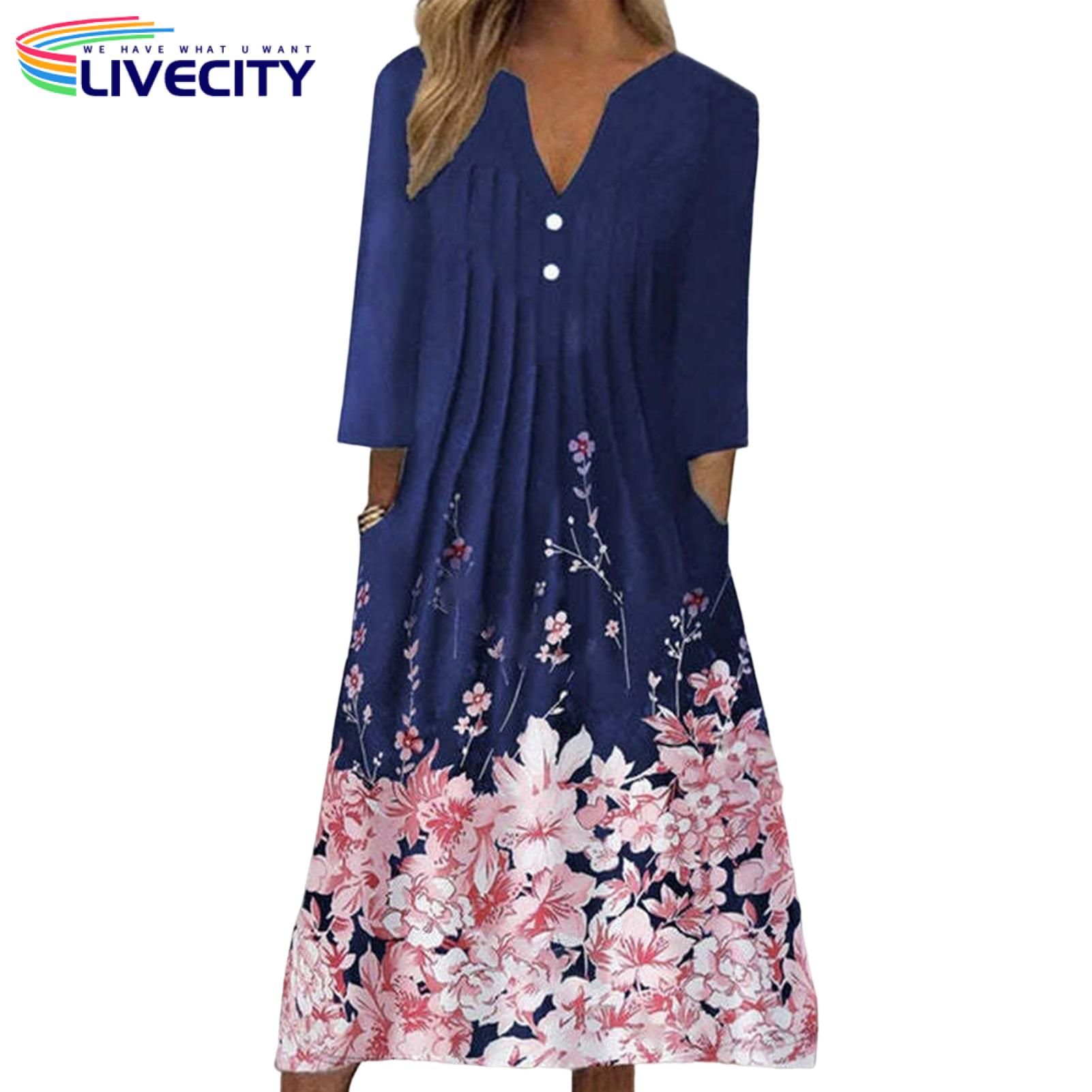Women Dress Three Quarter Sleeves Large Hem Patchwork Dress