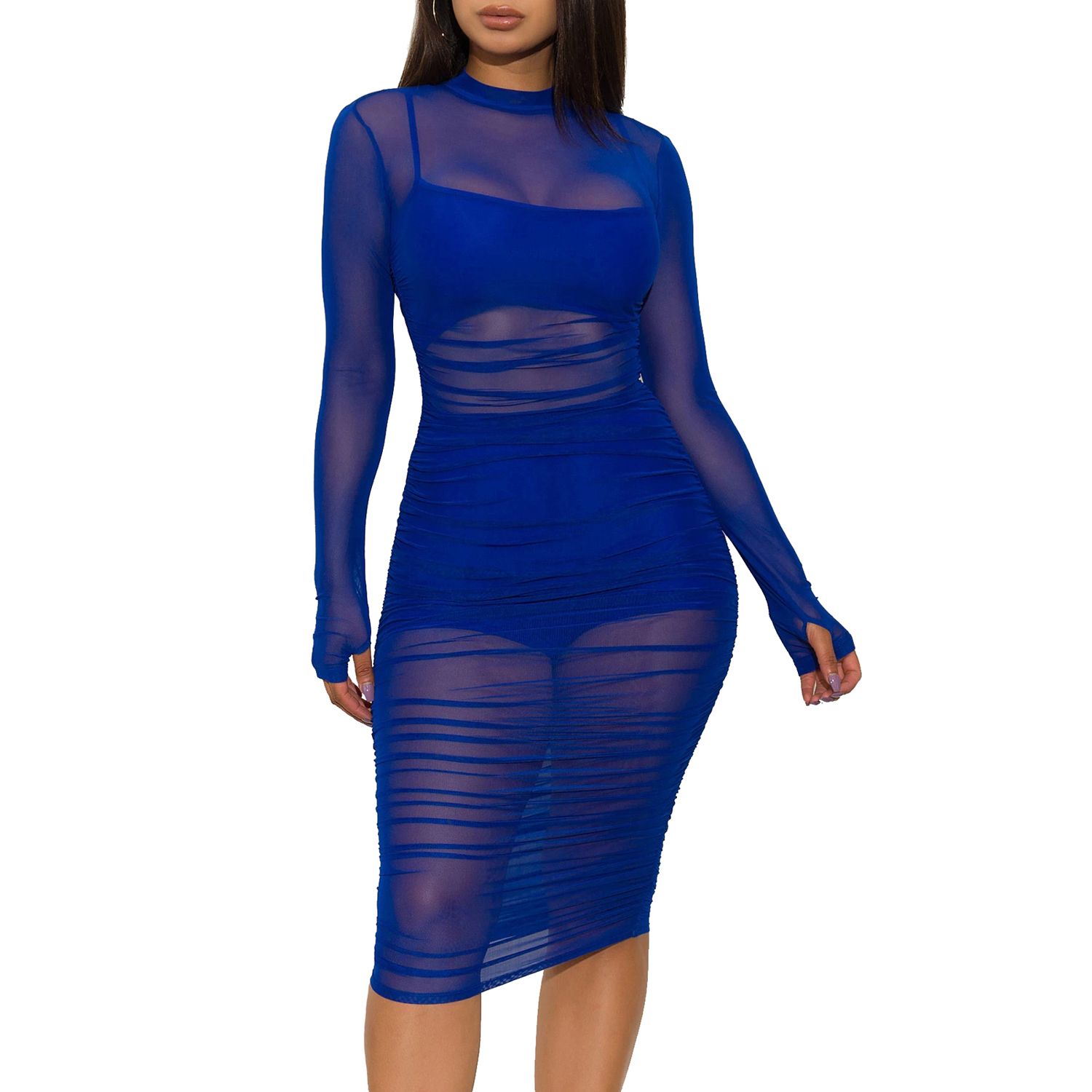 Women Sexy Clubwear Sets, Cami Crop Top + Short Bottom + Long Sleeve Mesh Dress 3 Pcs Sets