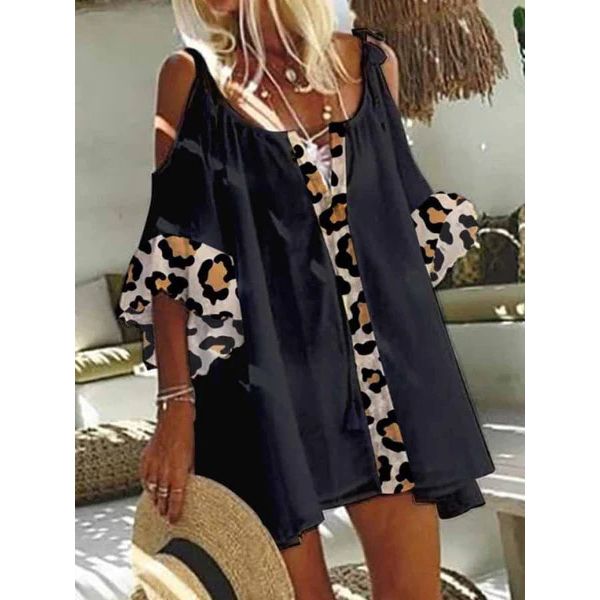 Summer Women's Leopard Print Tops Casual Loose Off-shoulder Large Size Top T-shirt Fashion Trend Solid Color Midi Sleeve Tops