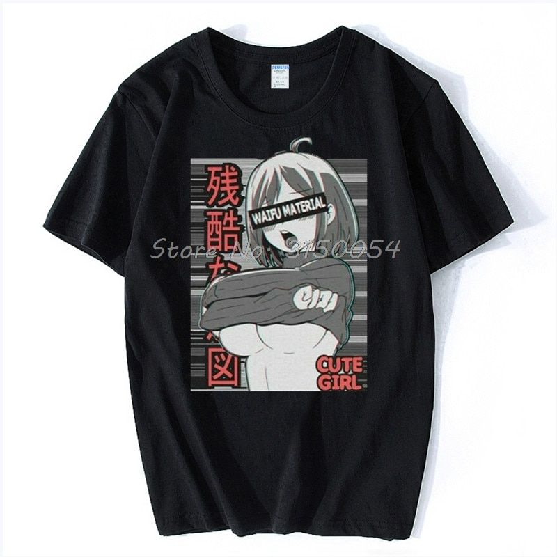 Ahegao Anime Cute Girl Ecchi Waifu Material, Gift For Lewd Otaku T-Shirt Men Cotton Tshirt  Hop T Shirt Tees Harajuku Funny