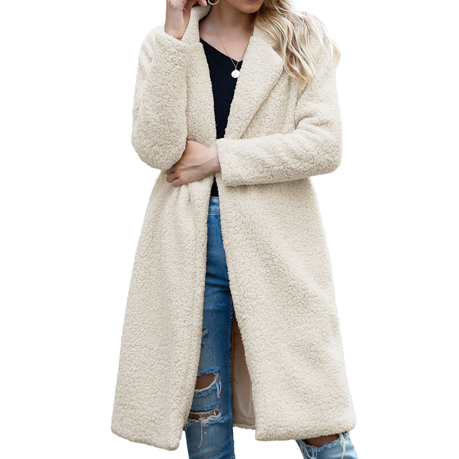 Women Winter Faux Fleece Long Sleeve Lapel Warm Coat Jacket Open Front Overcoat