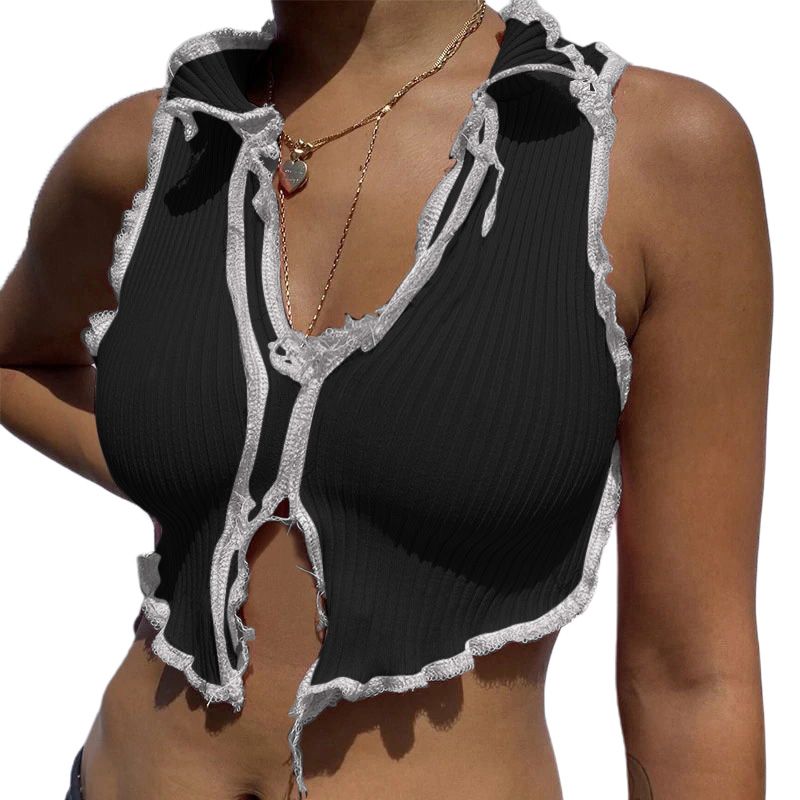 New Women Summer Clothing, Solid-Color Lapel V-Neck Sleeveless Tight-Fitting Ripped Crop Top for Girls,