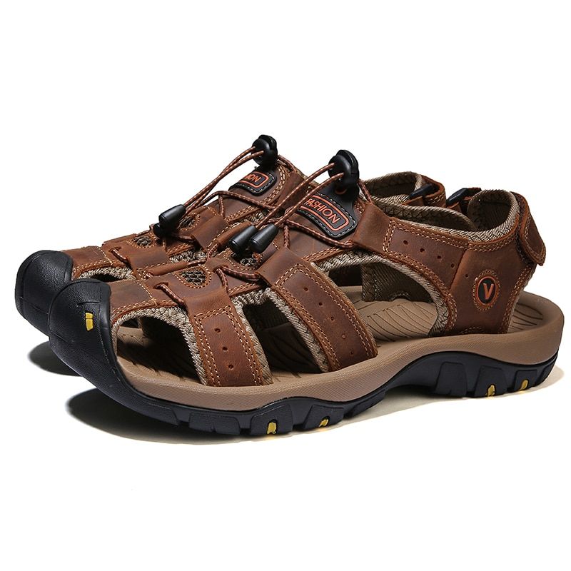 Summer Men Breathable Sandals Women Beach Casual Shoes Thick Sole Closed Toe Aqua Shoes for Hiking Fishing Sandals Men Leather
