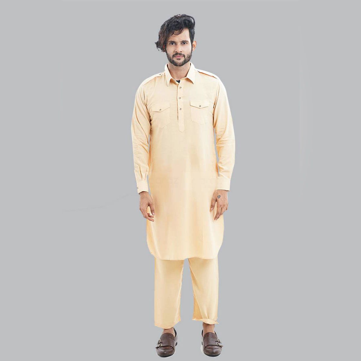 Fashionable  Cotton Cream Color Semi Long Kabli Set for Men