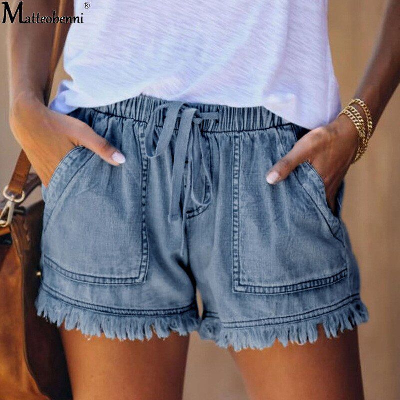 Women High Waist Lace Up Short Jeans Summer Fashion Ripped Denim Shorts Casual Elastic Waist Vintage Thin Shorts Streetwear