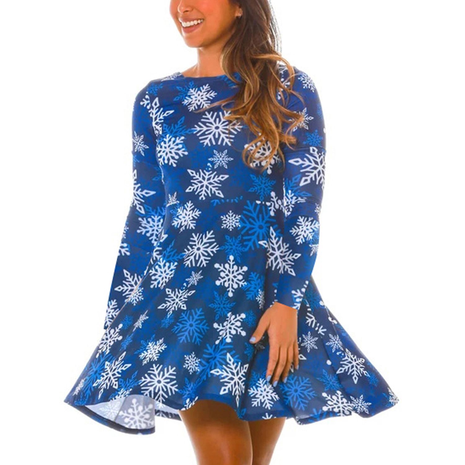 Woman Christmas-themed Print Dress, Long Sleeve Round Neck High Waist Dress Fall and Winter Clothes
