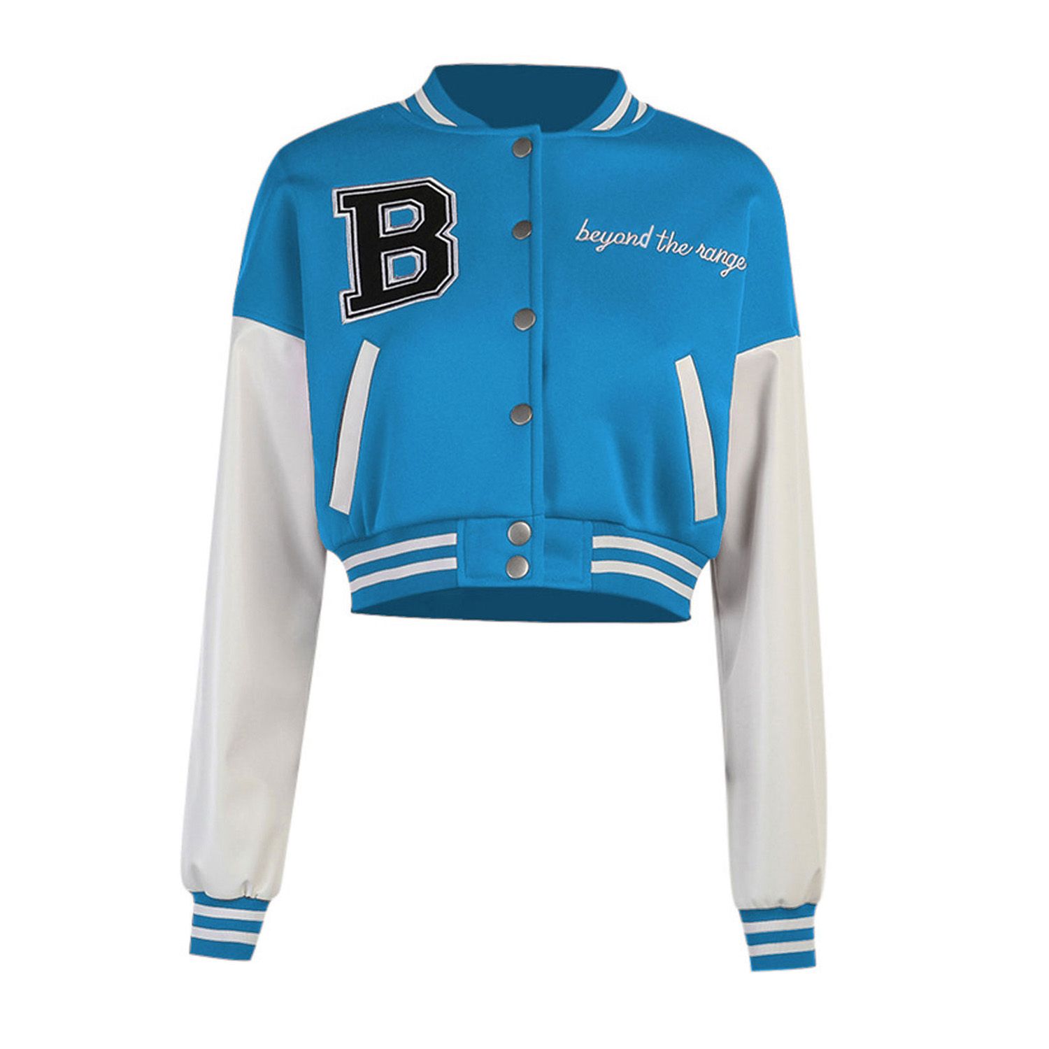 Women Loose Style Short Coat, Letters Embroidery Pattern Long Sleeve Jacket with Pocket, S/ M/ L