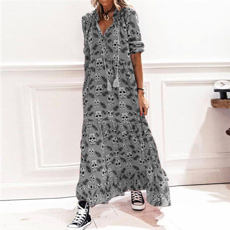 Retro Skull Printed Women Party Dress Spring V Neck Long Sleeve A-Line Ladies Dress Summer Fashion Drawstring Tassel Loose Dress